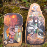 "Filles Volcan"et"Kokopeliman" technique mixte collage/peinture sur contre-plaqué 40x70 et40x100cm